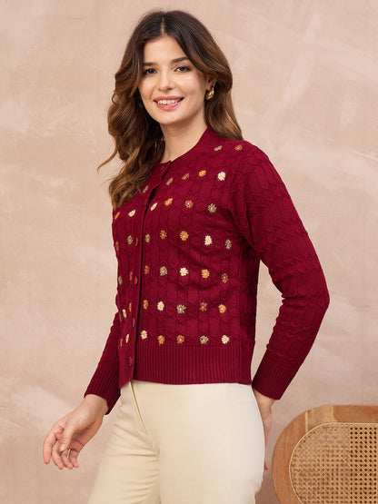Floral Embroidered Honeycomb Cable-Knit Cardigan