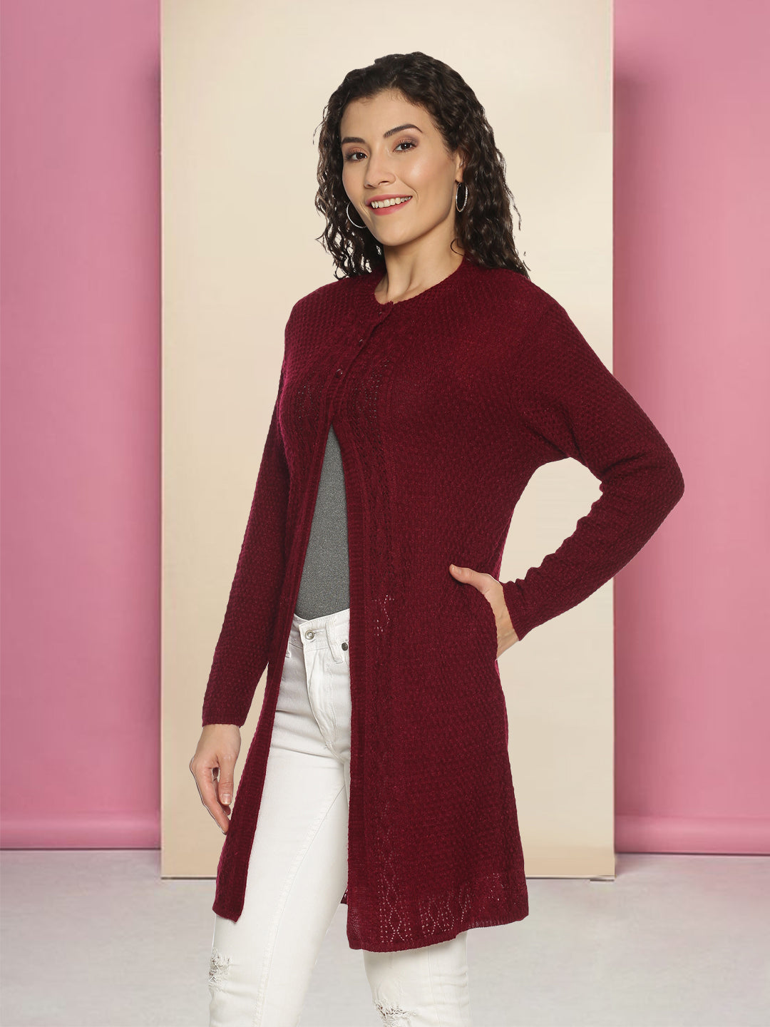 Wool Blend Round Neck Mehroon Long Shrug
