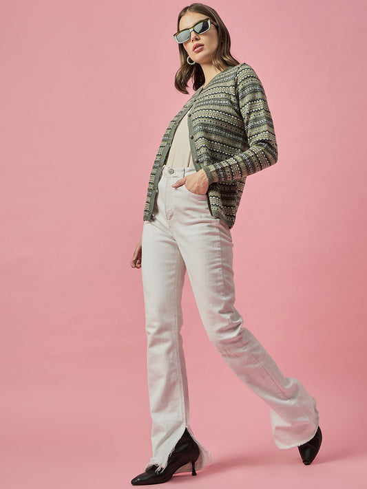 Women Grey Self Striped Round Neck Cardigan