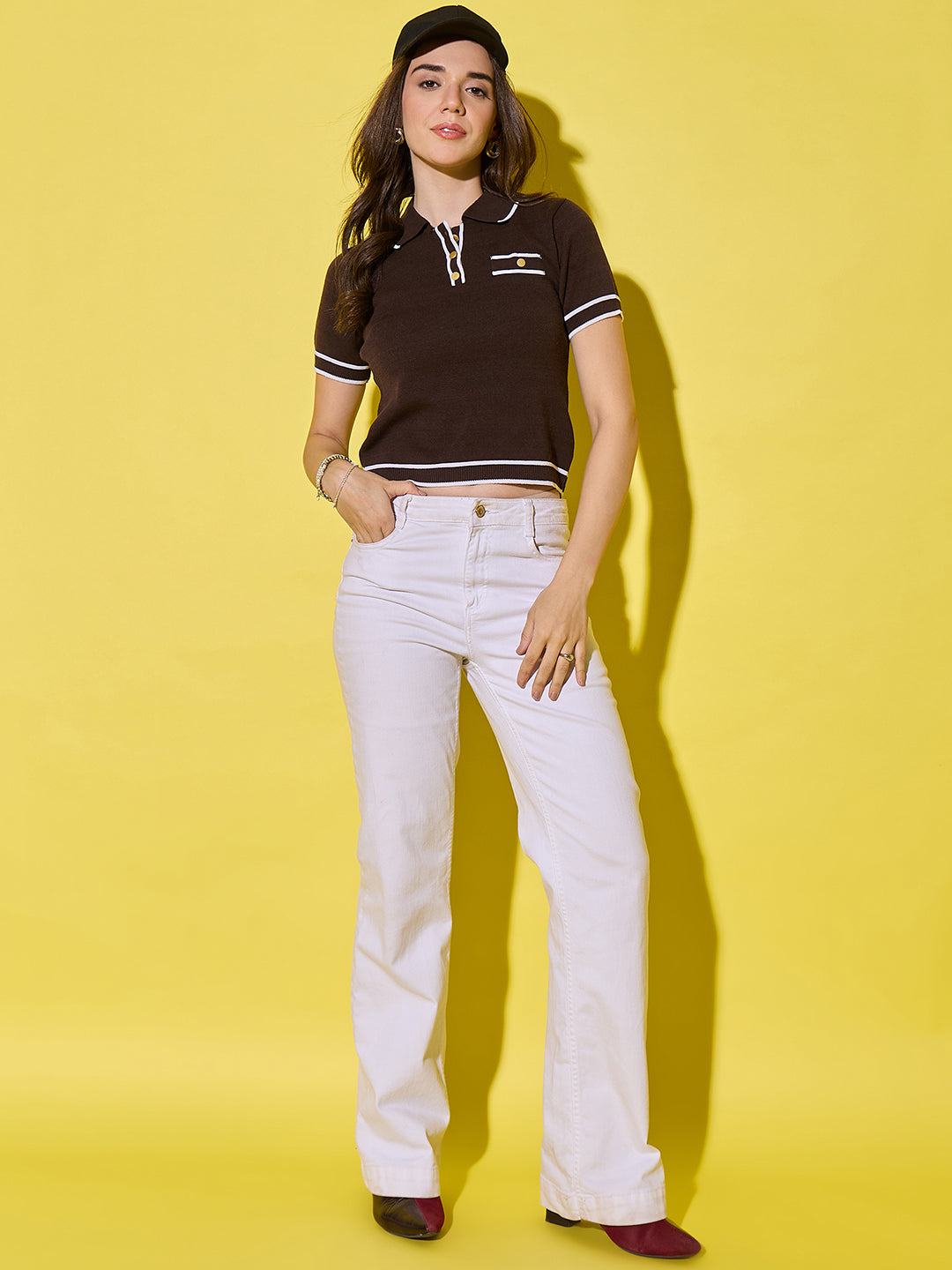 Women Striped Polo Neck With Pocket Pure Cotton T-Shirt Coffee