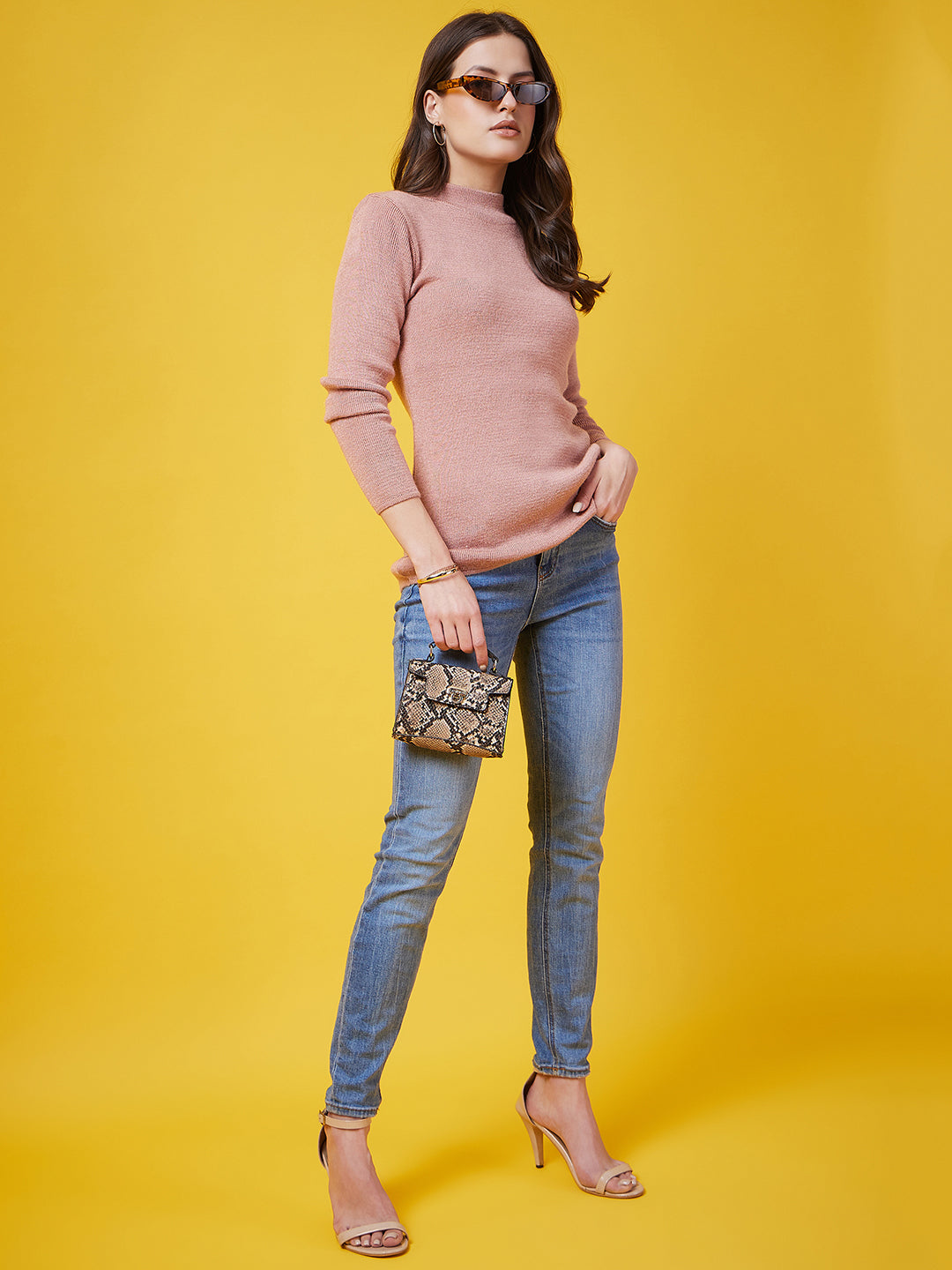 Wool Blend Crew Neck Full Sleeve Pink Top