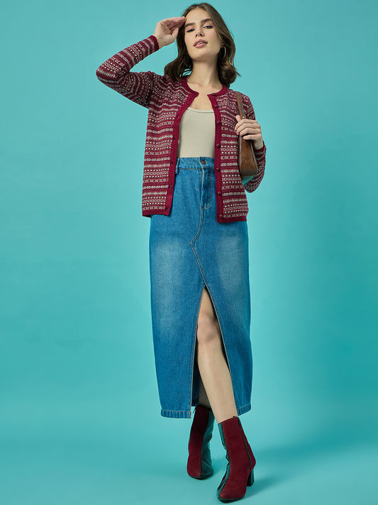 Women Mehroon Self Striped Round Neck Cardigan