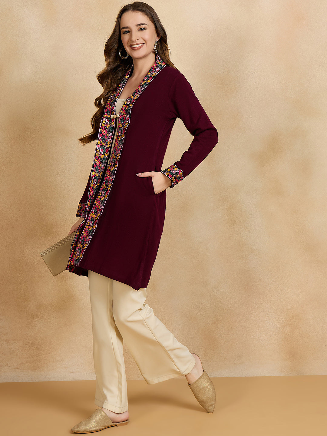 Women's Maroon Embroidered Sleeves, Floral Pattern, Winter Wear, Open Neck Shrug