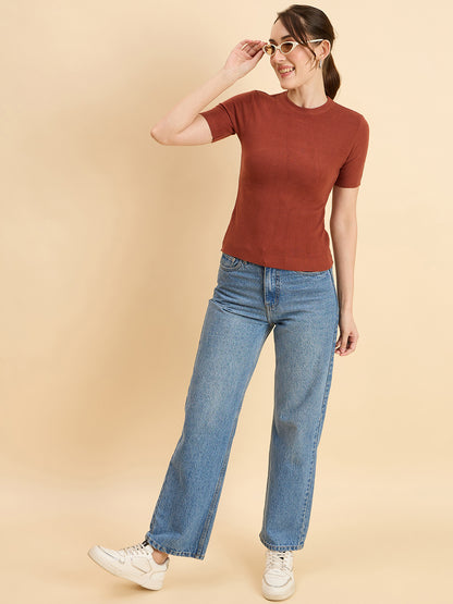 Clapton Women Knitted  Round Neck  T-shirt Rust