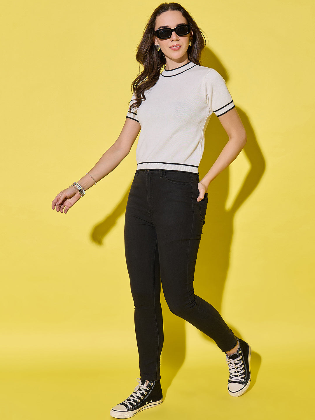 Women Striped Round Neck Pure Cotton T-Shirt White-Black