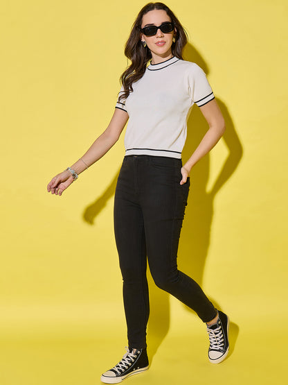 Women Striped Round Neck Pure Cotton T-Shirt White-Black