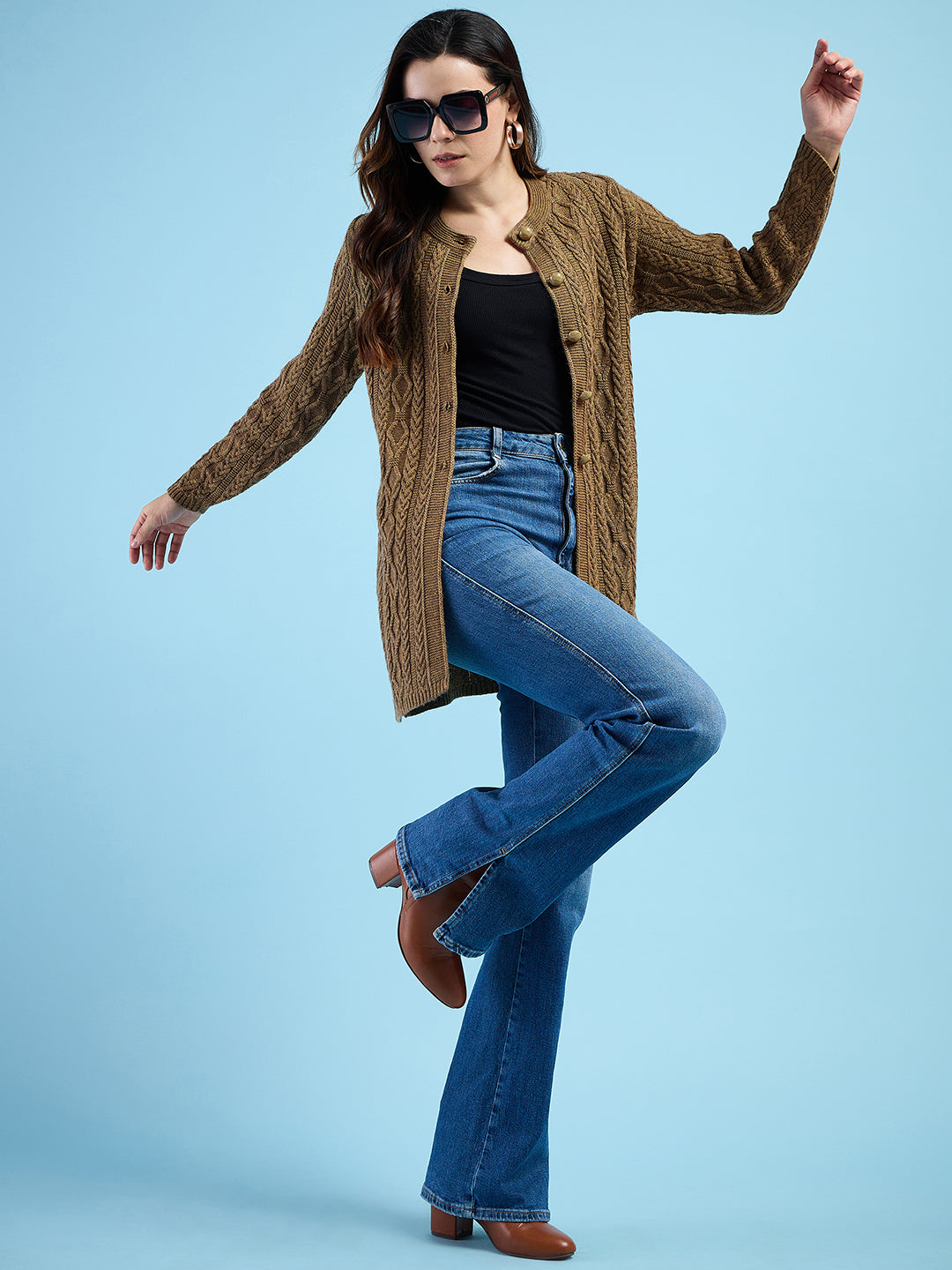 Clapton Cable Knit  Design Woolen  Longline Cardigan Sweater for women and Girls Brown