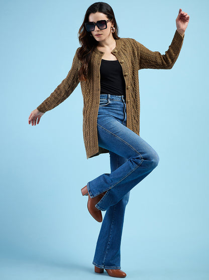Clapton Cable Knit  Design Woolen  Longline Cardigan Sweater for women and Girls Brown