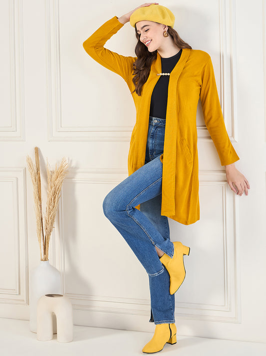 Women's Mustard Gold open neck long Sleeves, Knitted Winter Wear Shrug