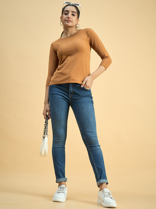 Clapton Crew Neck Tees Candy Cotton Lycra For Women Soild Tan Summer wear