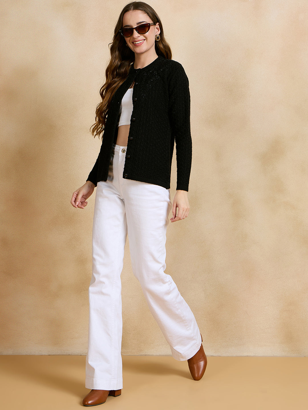 Clapton Floral Embroidered Knit  Design Pure Wool Cardigan Black