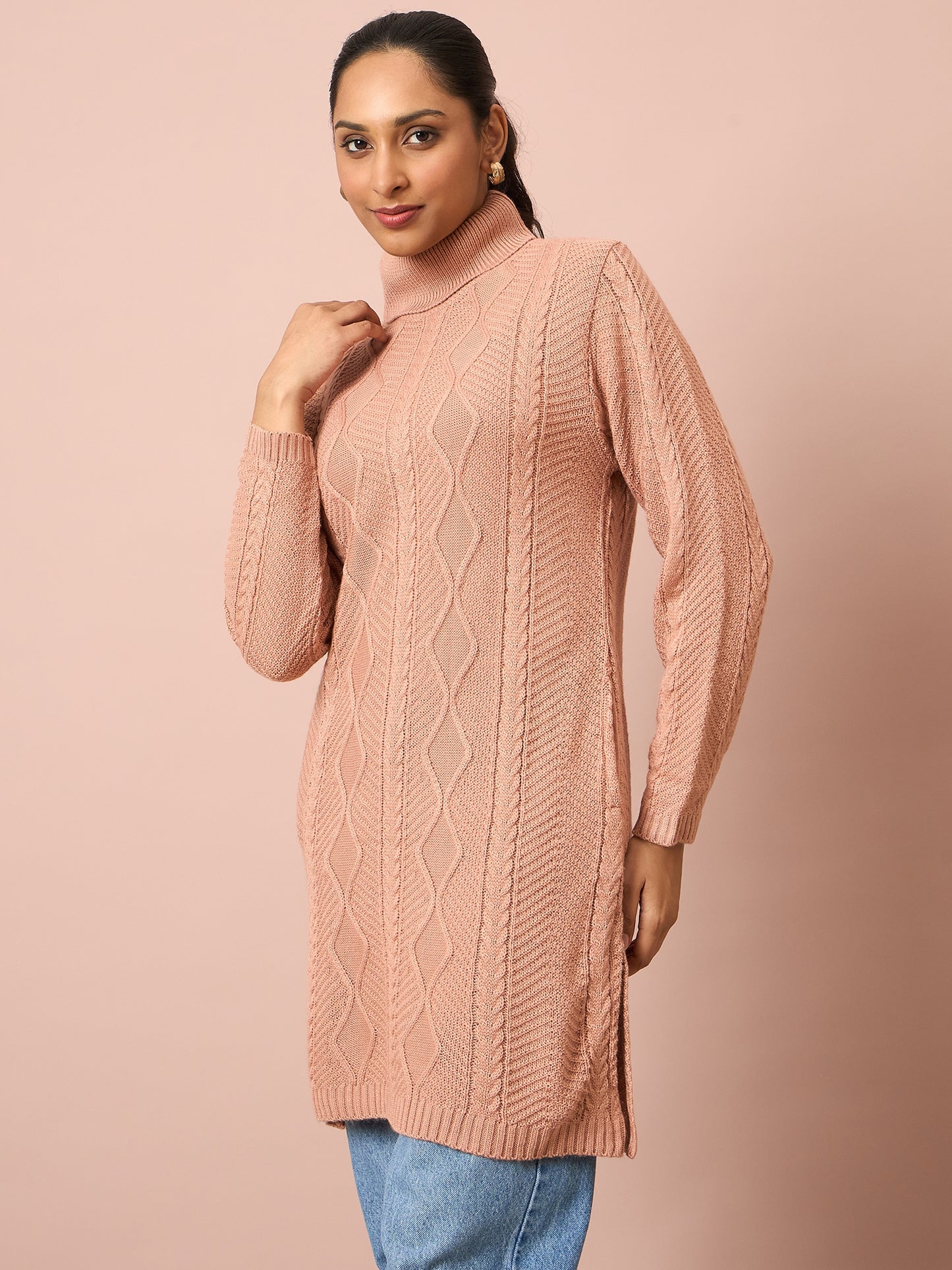 Clapton Cable Knitted  Wool Winter Wear Women’S Long Cardigan Peach