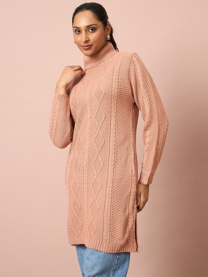 Clapton Cable Knitted  Wool Winter Wear Women’S Long Cardigan Peach