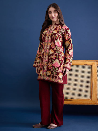 Women’S Embroidered Woolen Kurta With Straight-Fit Pants Co-Set Mehroon