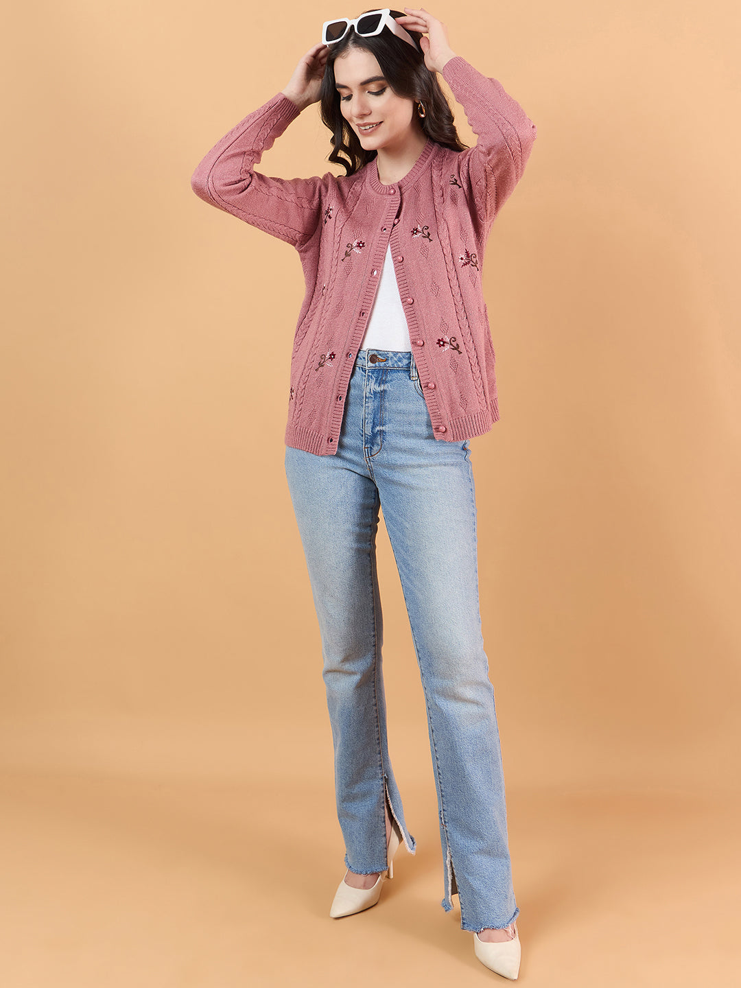 Clapton Floral Embroidered Full  Sleeve Cardigan Sweaters for Women Girls Pink