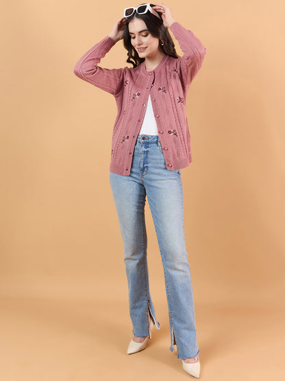 Clapton Floral Embroidered Full  Sleeve Cardigan Sweaters for Women Girls Pink