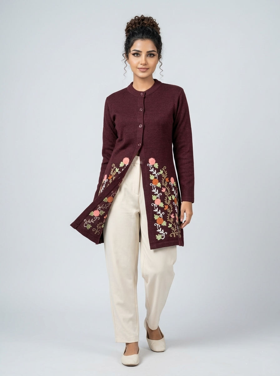 Women's Maroon Floral Embroidered Long Cardigan, Button-Front, Round Neck, Full Sleeves