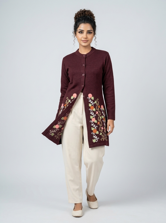 Women's Maroon Floral Embroidered Long Cardigan, Button-Front, Round Neck, Full Sleeves