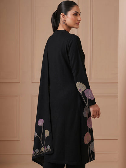 Woolen Embroidered  winter wear Kurti & Pant and Dupatta Set Black