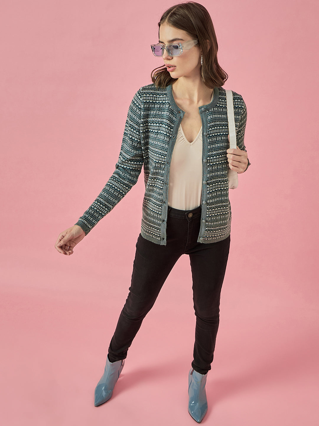 Women Steel Self Striped Round Neck Cardigan