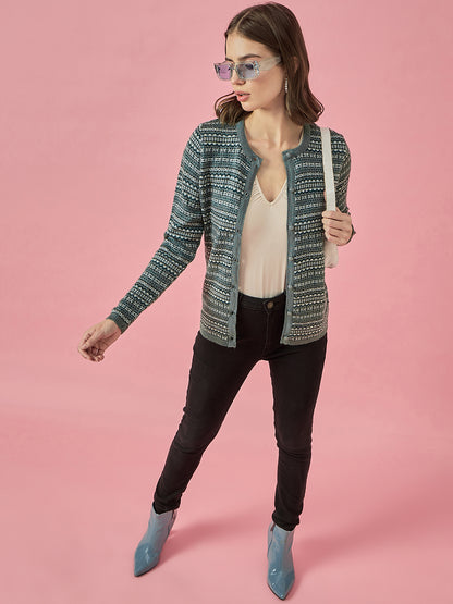 Women Steel Self Striped Round Neck Cardigan