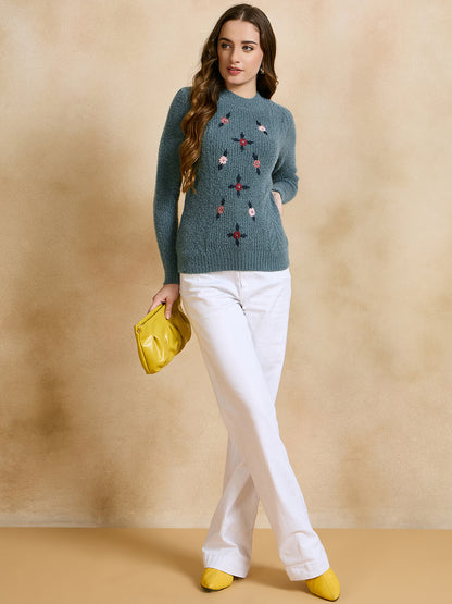 Women Self Design Round Neck Sweater Green