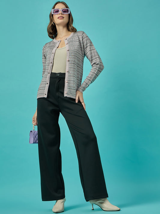 Women Pink Self Striped Round Neck Cardigan