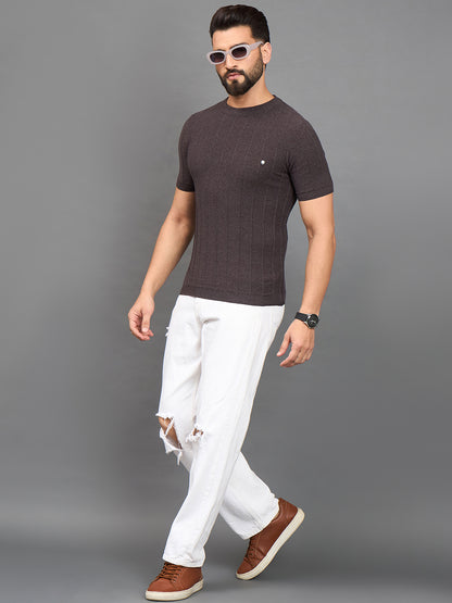 CLAPTON Men Knitted Round Neck T-shirt  Brown