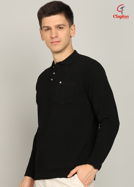 Clapton Men Knitted  Cotton Summer Wear Round Neck Half Sleeve T-Shirt Black