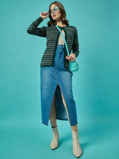 Women  Green Self Striped Round Neck Cardigan