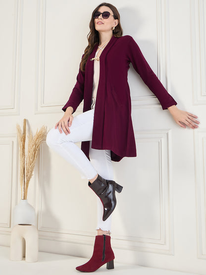 Women's Mahroon open neck long Sleeves, Knitted Winter Wear Shrug