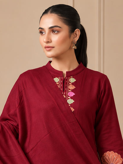 Woolen Embroidered  winter wear Kurti & Pant and Dupatta Set Maroon