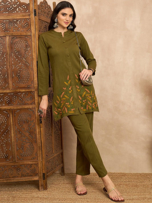 CLAPTON Women’s Green Wool Blend Embroidered Kurti & Pant Set – 2 Piece Winter Wear