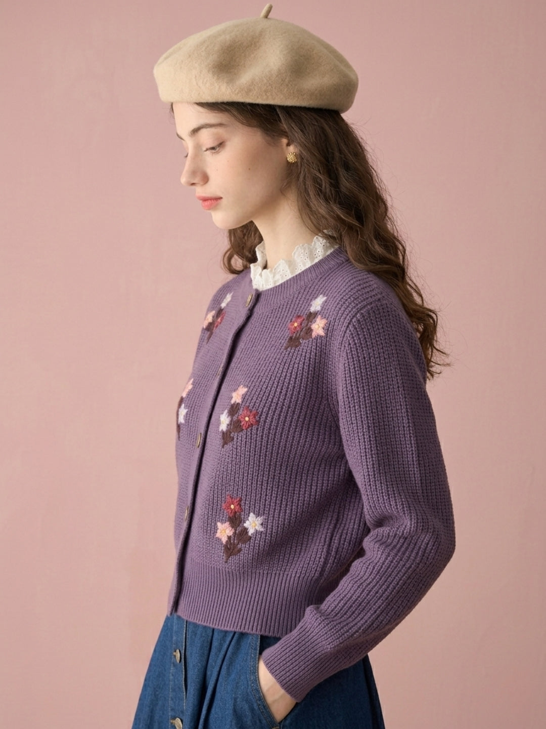 Women'S Black Knit Cardigan With Floral Embroidery, Button-Front, Round Neck, Full Sleeves Purple