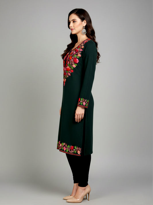 Clapton Mehndi Wolen Winter wear Embroidered Kashmiri Aari Work Kurta (PHERAN)