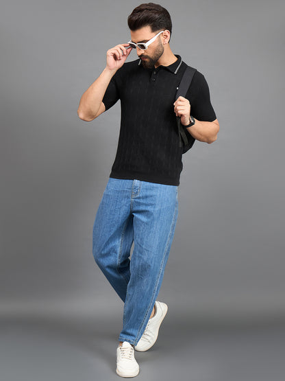 CLAPTON Men Knitted Polo Collar T-shirt Black
