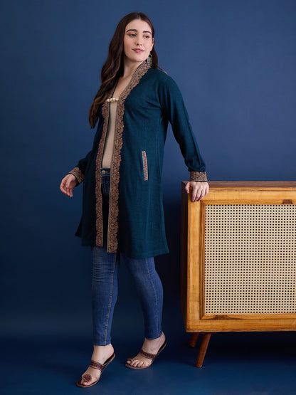 clapton Harbor-Blue Plain Pure Wool Long Jacket from Kashmir with Paisley Aari Embroidery on Border