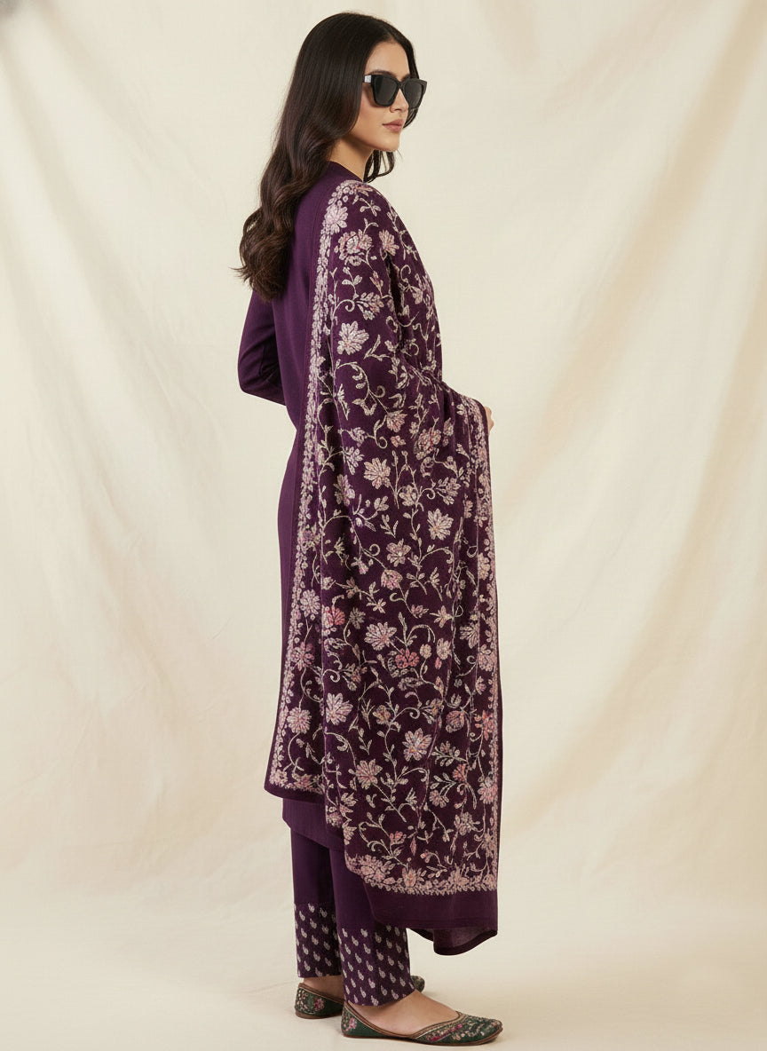 Clapton Embroidered  wool blends for winter wear Straight-fit kurta with trousers and a dupatta (shawl) Purple