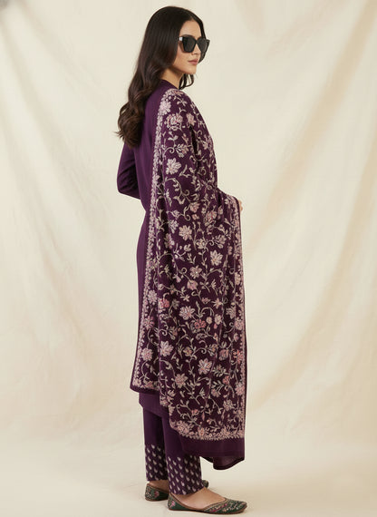 Clapton Embroidered  wool blends for winter wear Straight-fit kurta with trousers and a dupatta (shawl) Purple