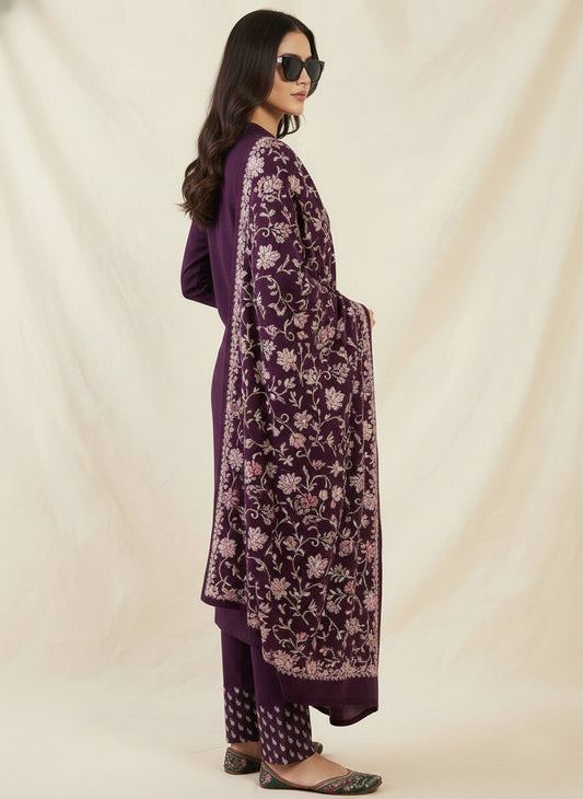 Clapton Embroidered  wool blends for winter wear Straight-fit kurta with trousers and a dupatta (shawl) Purple