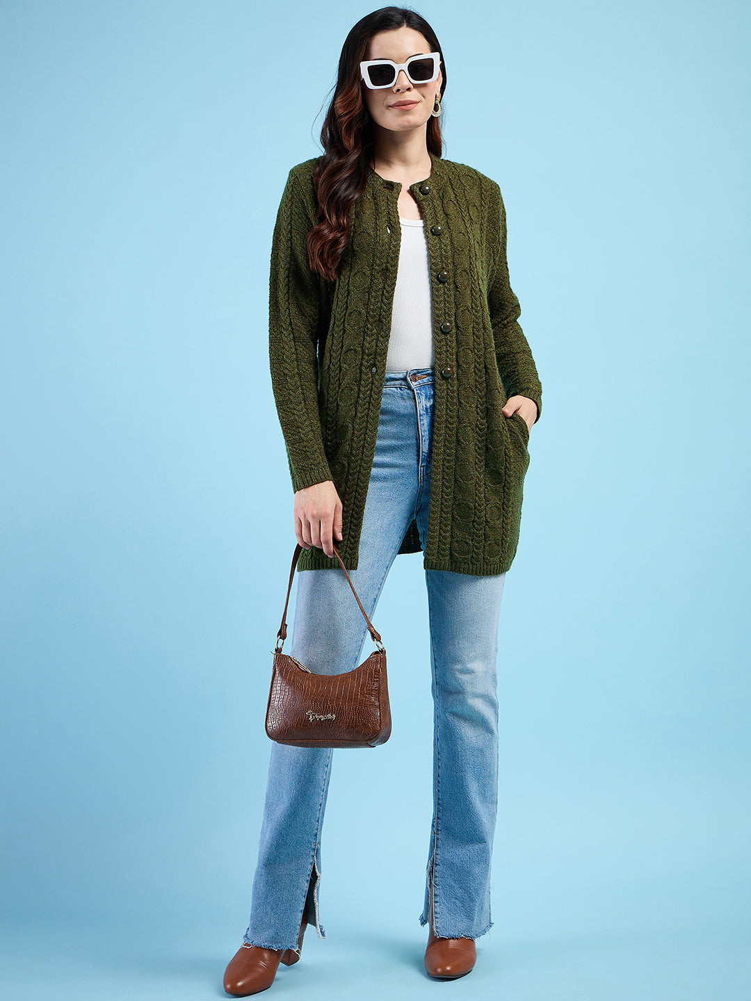 Clapton Cable Knit  Design Woolen  Longline Cardigan Sweater for women and Girls Green