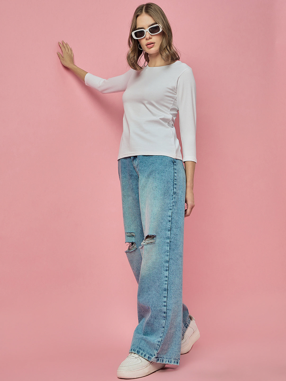 Clapton Crew Neck Tees Candy Cotton Lycra For Women Soild White Summer wear