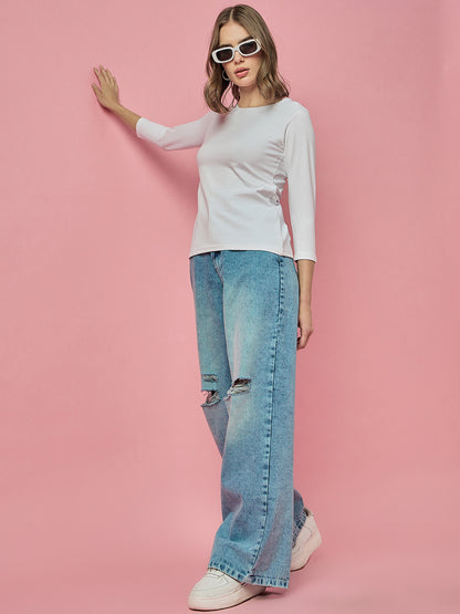 Clapton Crew Neck Tees Candy Cotton Lycra For Women Soild White Summer wear