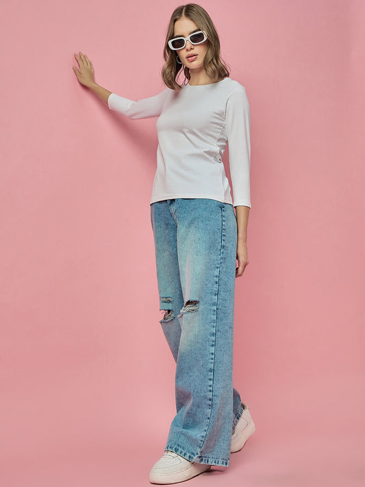 Clapton Crew Neck Tees Candy Cotton Lycra For Women Soild White Summer wear