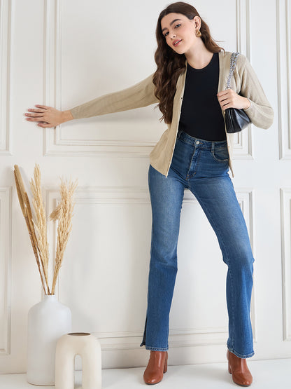 Wool Blend Round Neck cardigan beige