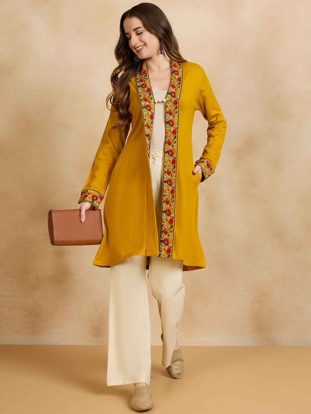 Women's Gold Mustard Embroidered Sleeves, Floral Pattern, Winter Wear, Open Neck Shrug