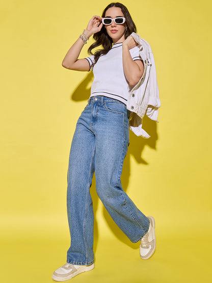 Women Striped Round Neck Pure Cotton T-Shirt White-Brown