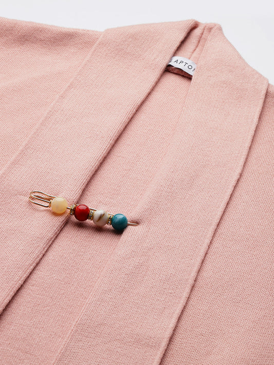 Women Knitted Long Shrug  Winter Wear ,With Embeoidery And Broatch Pin , Color  Pink