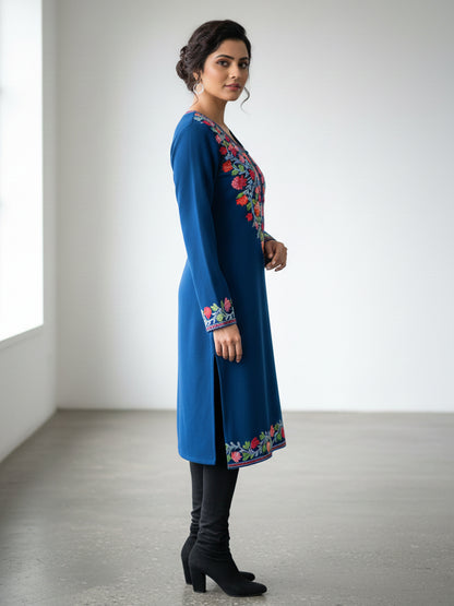Clapton Blue Wolen Winter wear Embroidered Kashmiri Aari Work Kurta (PHERAN)