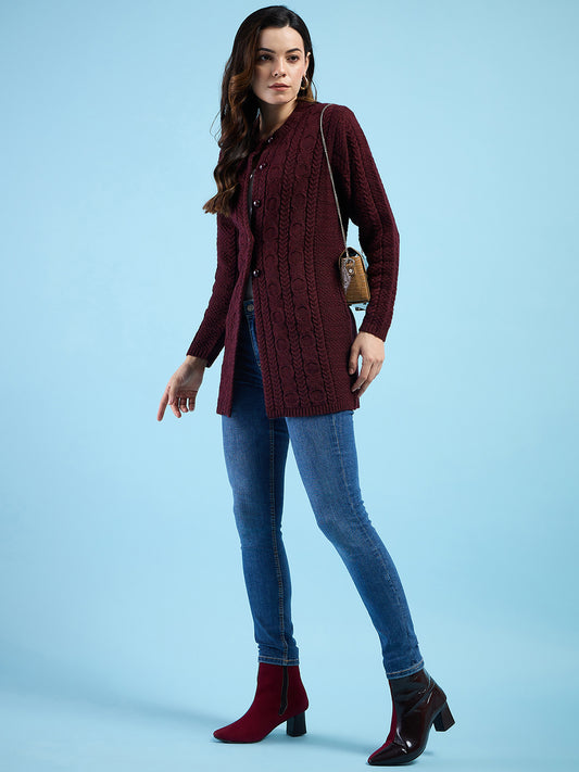 Clapton Cable Knit  Design Woolen  Longline Cardigan Sweater for women and Girls Maroon